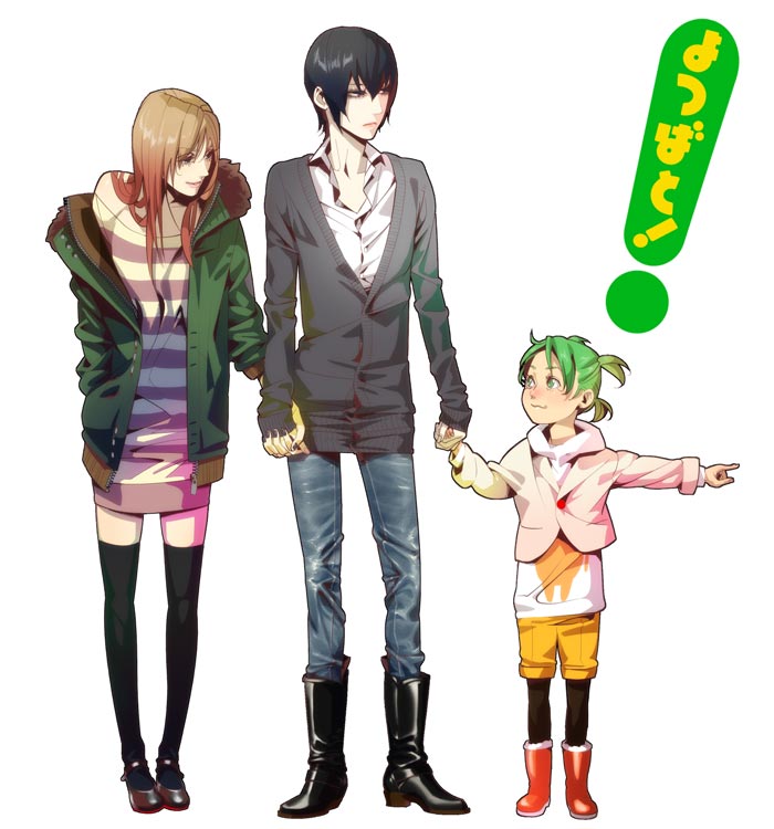 1boy 3girls :3 androgynous ayase_asagi bare_shoulders black_hair black_nails blonde_hair boots cardigan child dress fugi_jis green_hair holding_hands hood hooded_jacket interlocked_fingers jacket jpeg_artifacts koiwai_yotsuba long_hair mihama_chiyo&#039;s_father multiple_girls nail_polish pantyhose quad_tails reverse_trap short_hair shorts simple_background thighhighs tomboy torako_(yotsubato!) twintails white_background yotsubato!