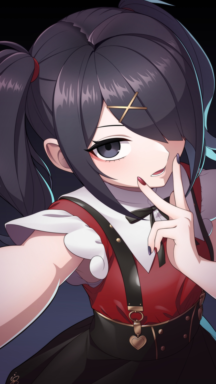 ame-chan_(needy_girl_overdose) armpits black_hair hair_ornament hair_tie highres jirai_kei multicolored_nails needy_girl_overdose red_shirt shirt simple_background skirt suspender_skirt suspenders taba_neruko x_hair_ornament