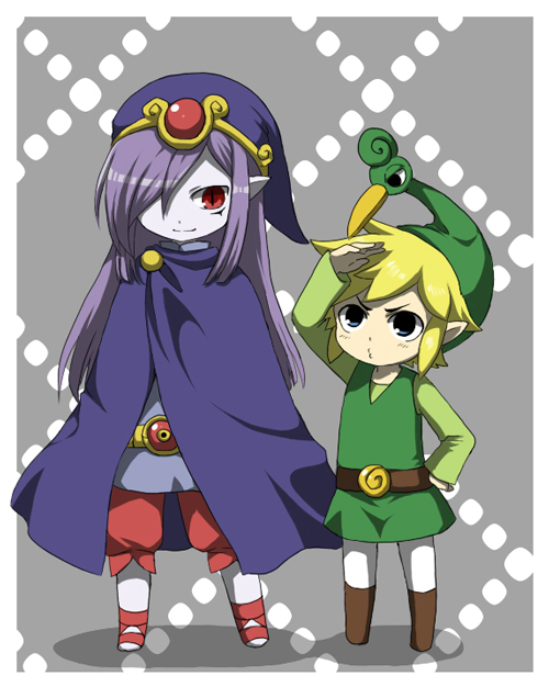 2boys belt blonde_hair blue_eyes boots cape ezlo hair_over_one_eye hat link long_hair male_focus mixing_(artist) multiple_boys nintendo o3o open_mouth pantyhose pointy_ears purple_hair red_eyes silver_hair smile standing symbol-shaped_pupils tears the_legend_of_zelda the_legend_of_zelda:_the_minish_cap tiara toon_link tunic vaati