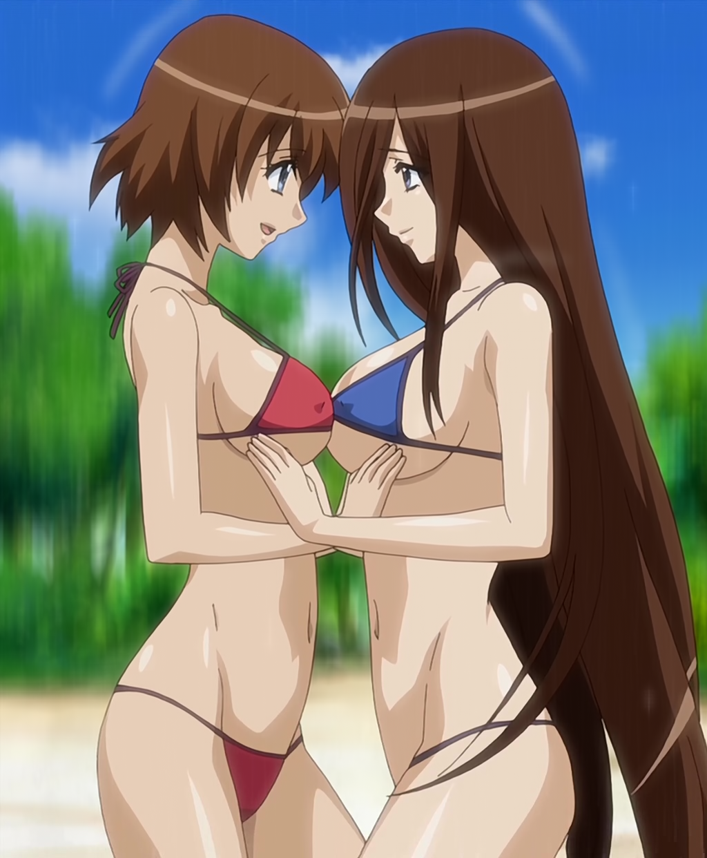 15_bishoujo_hyouryuuki 2girls anime_screenshot beach bikini blue_bikini blue_eyes breasts brown_hair covered_erect_nipples eye_contact hair_over_one_eye highres large_breasts long_hair looking_at_another motion_blur multiple_girls navel open_mouth rain red_bikini sand satake_hikari satake_kageko short_hair siblings sisters smile stitched swimsuit third-party_edit tree underboob very_long_hair yuri