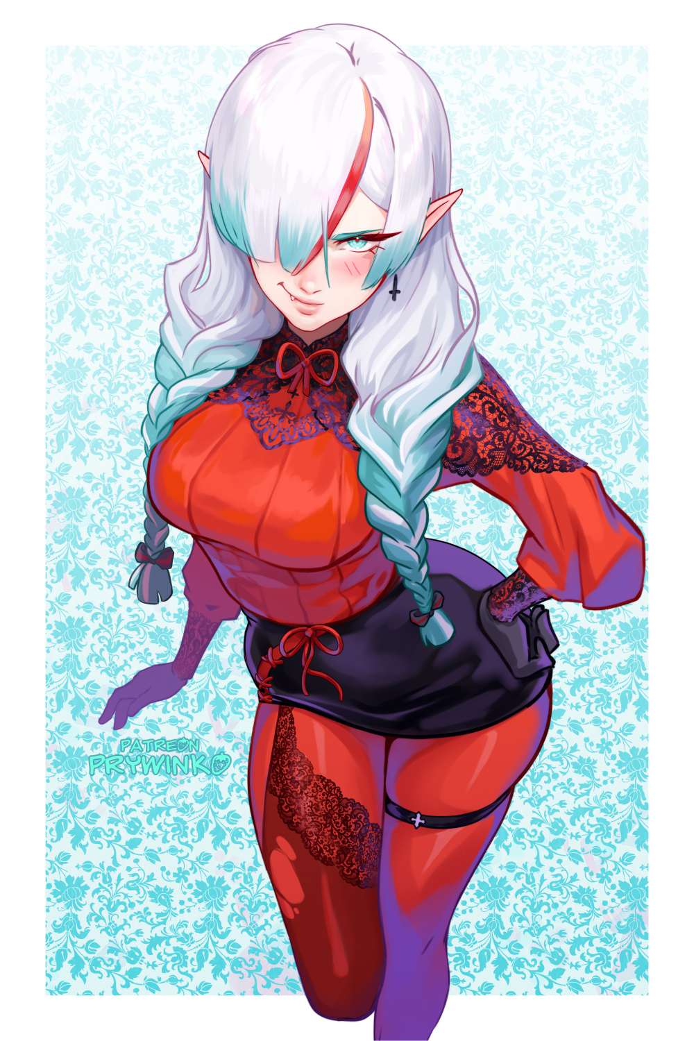 1girl alternate_costume alternate_hair_color alternate_hairstyle artist_name black_skirt blush bodysuit braid breasts commentary english_commentary hatsune_miku highres large_breasts lips long_hair looking_at_viewer pencil_skirt prywinko red_bodysuit skindentation skirt twin_braids twintails vocaloid