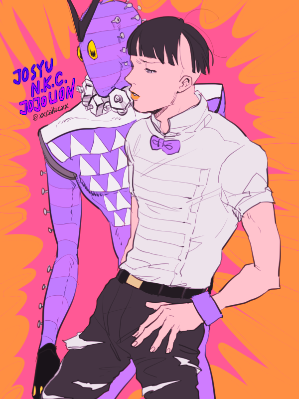 1boy black_hair bow bowtie higashikata_joshu jojo_no_kimyou_na_bouken jojolion lipstick makeup male_focus mandaman nut_(hardware) nut_king_call orange_lips purple_eyes stand_(jojo) twitter_username wristband