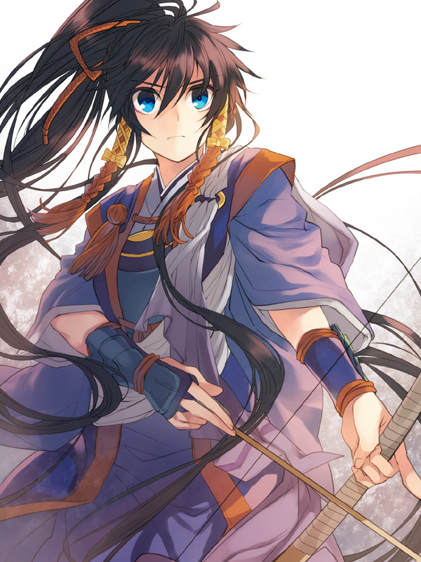 1girl arrow_(projectile) black_hair bow bow_(weapon) female_focus hair_ribbon high_ponytail japanese_clothes kajiri_kamui_kagura koga_rindou ponytail ribbon shinza_bansho_series solo tenkuu_sphere weapon