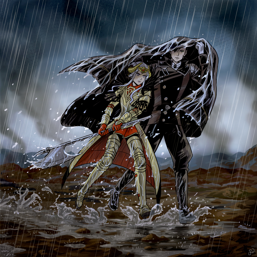 1boy 1girl antenna_hair armor armored_bodysuit armored_boots arms_up black_coat black_jacket black_pants black_suit blurry blurry_background boots capelet closed_mouth cloud cloudy_sky coat coat_over_head collared_jacket commentary_request couple edelgard_von_hresvelg edelgard_von_hresvelg_(timeskip) fake_horns fire_emblem fire_emblem:_three_houses formal_clothes friends full_body gloves grey_sky hair_up headpiece holding holding_polearm holding_weapon horns hubert_von_vestra hubert_von_vestra_(timeskip) jacket long_sleeves looking_ahead looking_to_the_side mud nintendo open_clothes open_coat outdoors pants polearm puddle purple_eyes rain red_capelet red_gloves red_skirt rijinks shade shaded_face shoulder_armor skirt sky smoke standing storm suit suit_jacket walking water_drop weapon white_hair