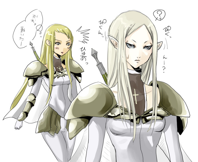 00s 2girls armor blonde_hair cape claymore_(series) claymore_(sword) faulds galatea grey_eyes irene multiple_girls pale_skin pauldrons pointy_ears shoulder_armor silver_hair speech_bubble surprised sweat sword thought_bubble translated vambraces weapon white_background