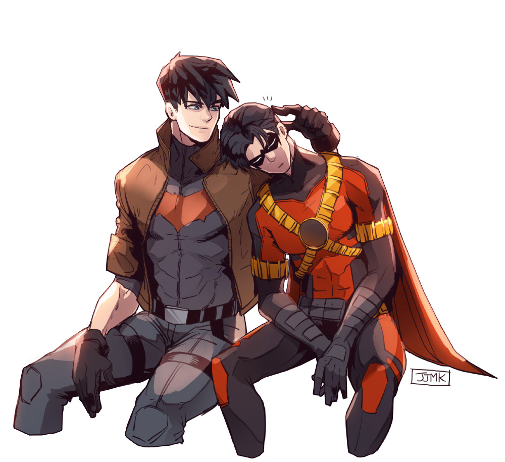 2boys artist_name bat_signal batman_(series) black_bodysuit black_gloves black_hair black_pants bodysuit brothers brown_jacket dc_comics domino_mask gloves grey_bodysuit jacket jason_todd jjmk-jjmk male_focus mask multiple_boys muscular muscular_male open_clothes pants red_hood red_robin short_hair siblings superhero_costume taut_bodysuit two-tone_bodysuit