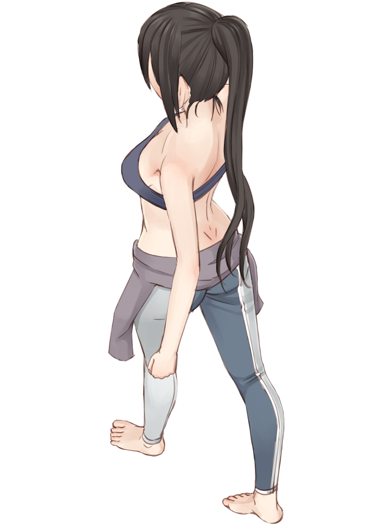 1girl amanchu! bandeau bare_shoulders barefoot bikini black_hair bodysuit breasts commentary_request diving_suit easy_(aqk7bdqt) female_focus from_above from_behind full_body katori_mato long_hair medium_breasts ponytail simple_background solo swimsuit walking wetsuit white_background
