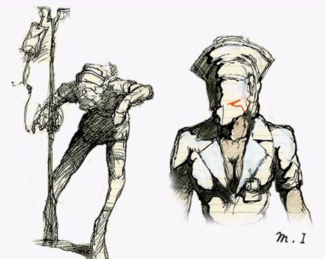 1girl breasts bubble_head_nurse cleavage concept_art hat ito_masahiro iv_stand konami medium_breasts monster monster_girl no_humans nurse nurse_cap official_art silent_hill_(series) silent_hill_2 simple_background white_background