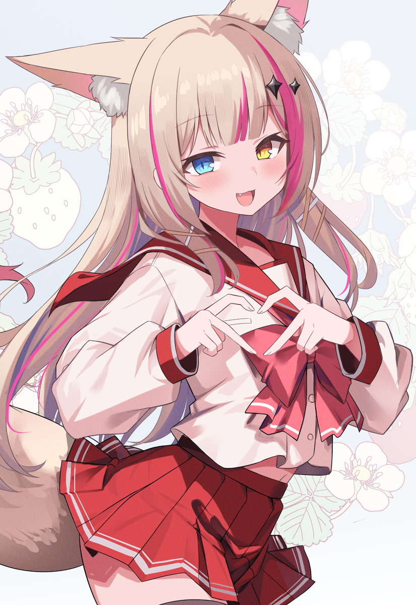 1girl animal_ears blue_background blue_eyes blue_hair brown_hair commentary_request floral_background heart heart_hands heterochromia highres indie_virtual_youtuber kureha_mitra long_hair long_sleeves looking_at_viewer midriff multicolored_hair navel open_mouth pink_hair pleated_skirt red_sailor_collar red_skirt sailor_collar school_uniform serafuku skirt smile solo thighs to_heart to_heart_(series) virtual_youtuber yellow_eyes yoshiheihe