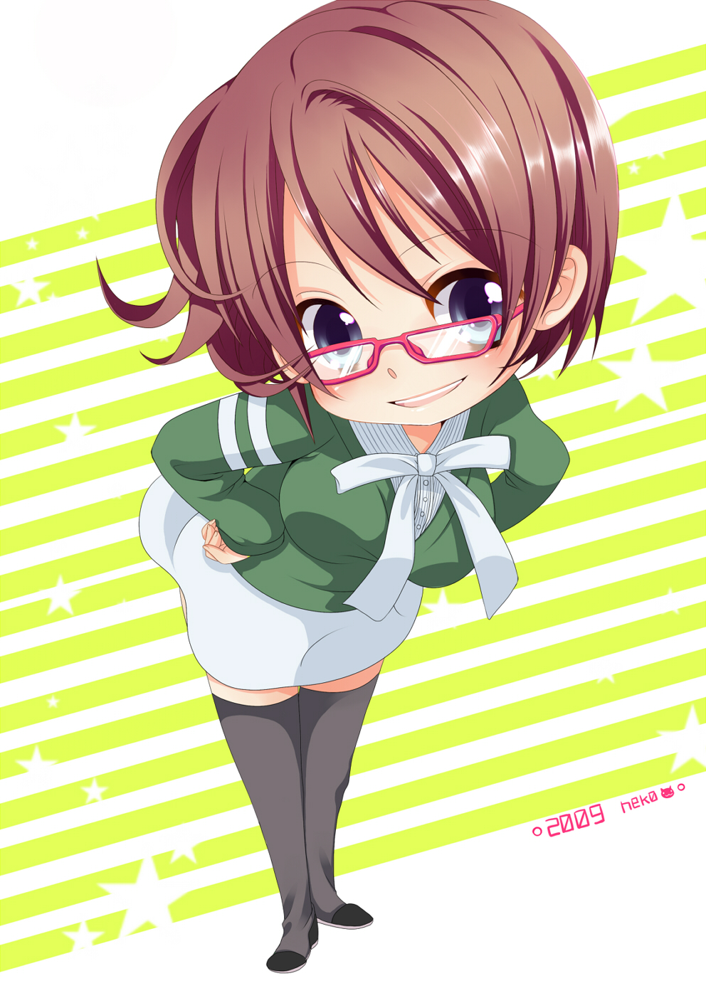 bad_id bad_pixiv_id blue_eyes blush brown_hair glasses highres neko_(natsuiroclassic) original solo thighhighs zettai_ryouiki