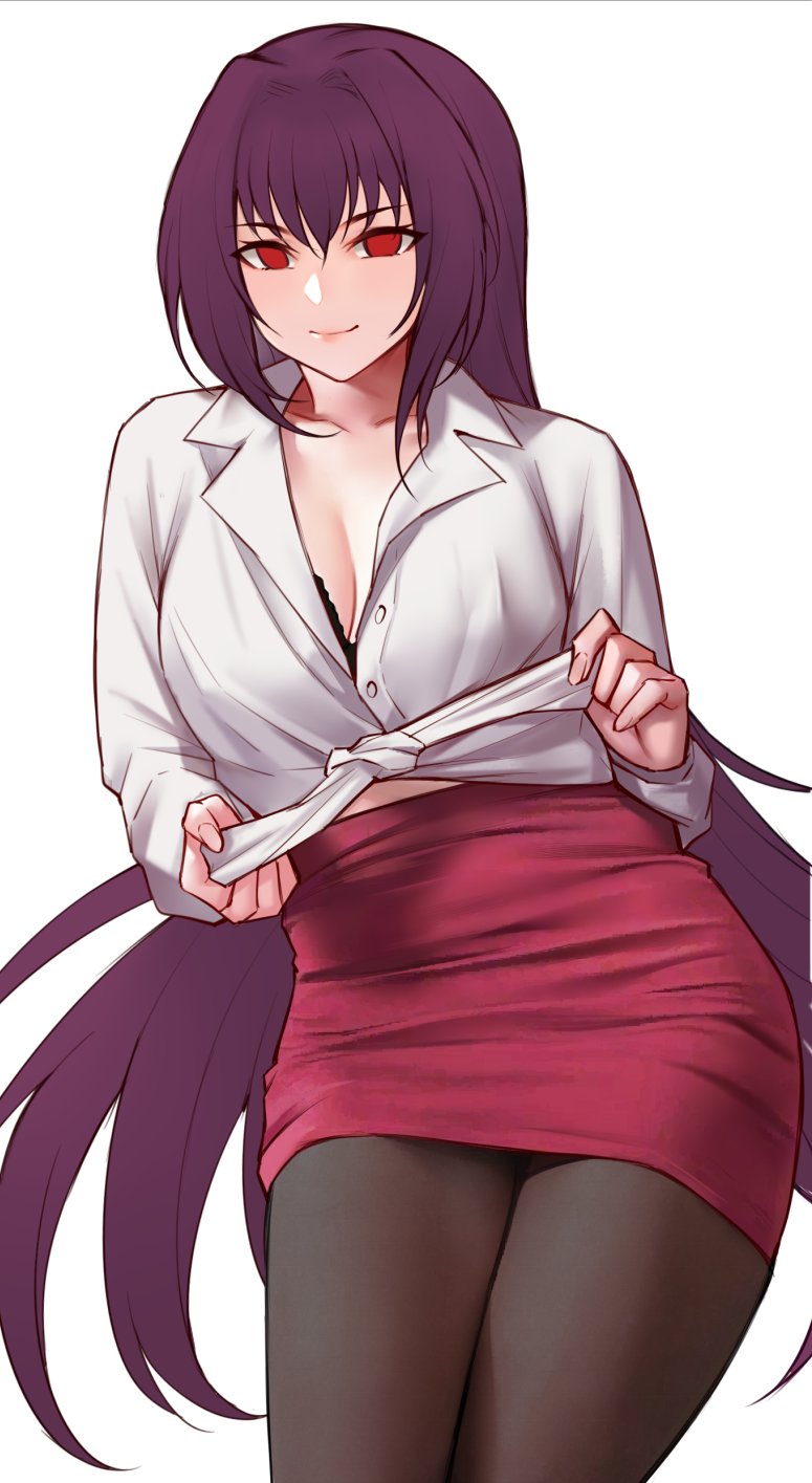 1girl bra breasts cleavage dress_shirt fate/grand_order fate_(series) hair_intakes highres hua-j knot large_breasts long_hair looking_at_viewer pantyhose pencil_skirt purple_hair red_eyes red_skirt scathach_(fate) shirt skirt solo unbuttoned underwear very_long_hair