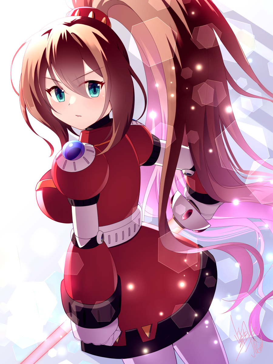 1girl android armor back breasts clenched_hands cowboy_shot dated energy_sword eyes_visible_through_hair from_behind gradient_background green_eyes hair_between_eyes high_ponytail highres holding holding_sword holding_weapon iris_(mega_man) iris_-another-_(mega_man) joints large_breasts long_hair looking_at_viewer mega_man_(series) mega_man_x_(series) mega_man_x_dive open_mouth ponytail red_armor robot robot_girl robot_joints shizuki_airu shoulder_jewel signature solo sword very_long_hair weapon