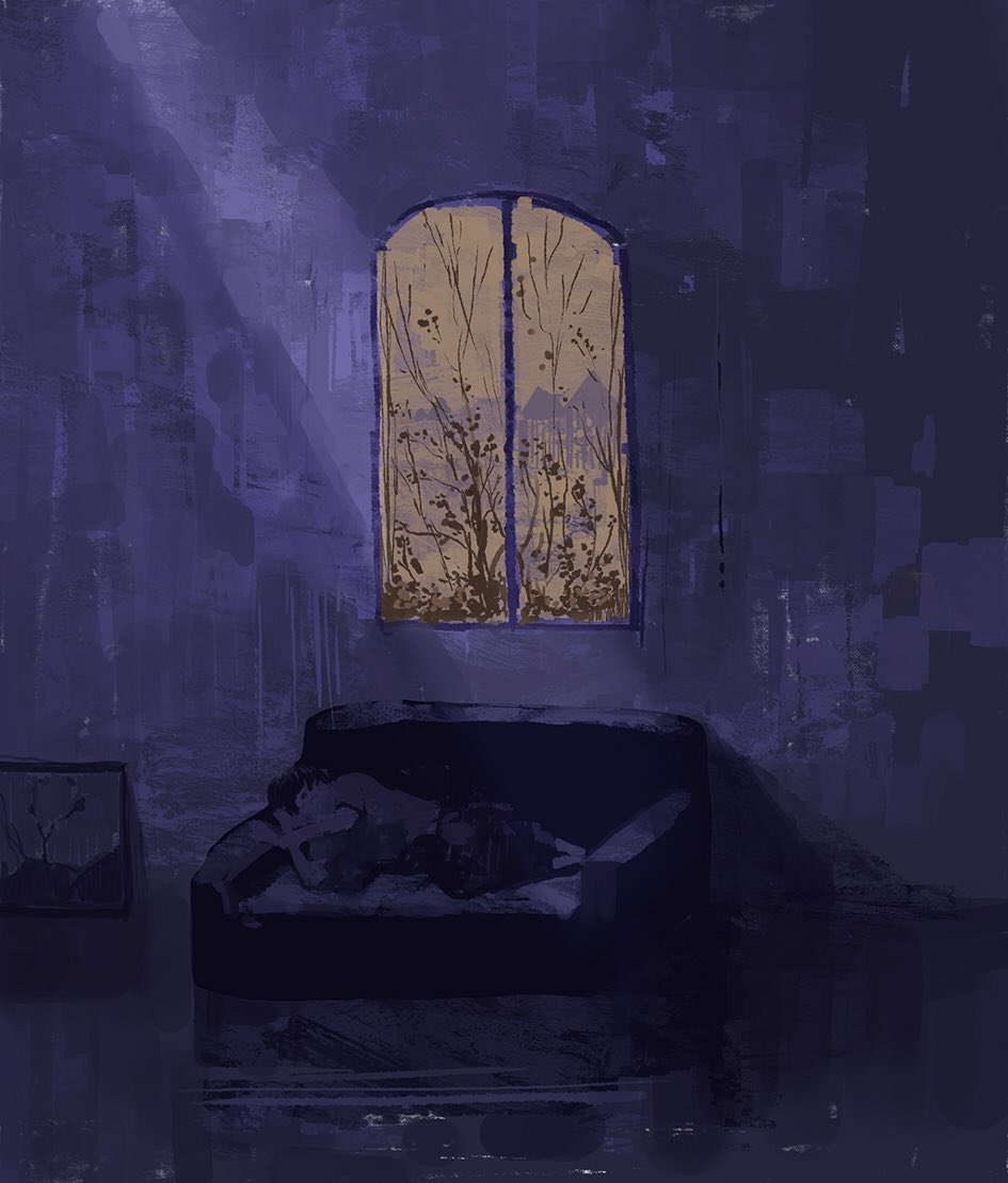 1other couch day dead_plants indoors on_couch original painting_(medium) plant shadow slow_d solo sunlight traditional_media