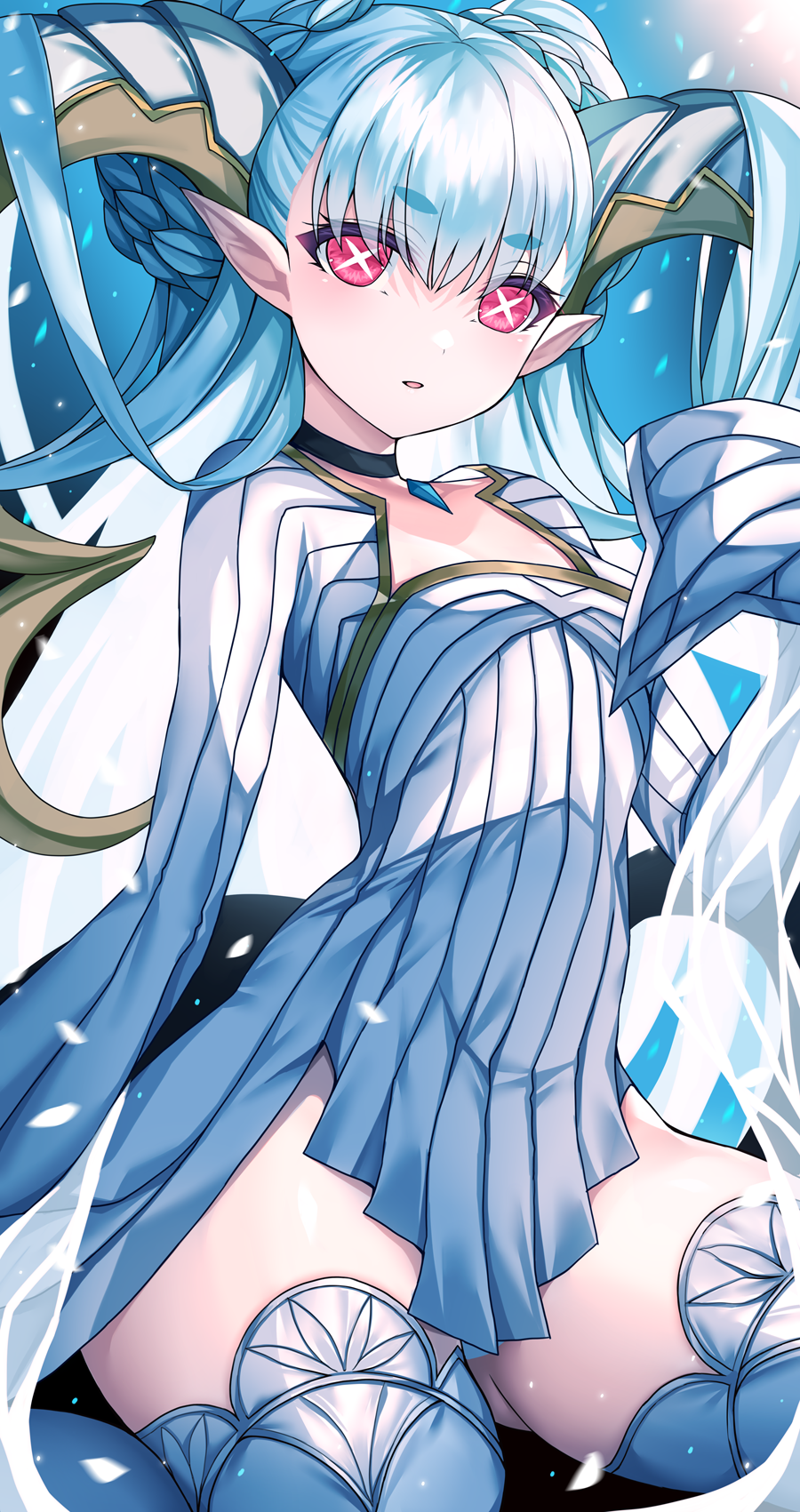 1girl aqua_hair blush braid breasts choker curled_horns dress fate/grand_order fate_(series) highres horns jewelry larva_tiamat_(fate) larva_tiamat_(first_ascension)_(fate) long_hair long_horns long_sleeves looking_at_viewer morizono_shiki parted_lips pendant pink_eyes pointy_ears ribbed_dress small_breasts solo symbol-shaped_pupils thighhighs thighs tiamat_(fate) white_dress white_thighhighs