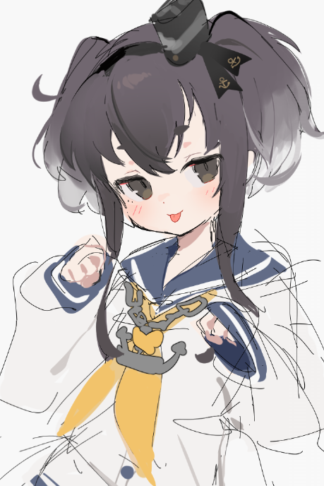 1girl anchor_choker arin_(fanfan013) black_hair blue_sailor_collar grey_eyes grey_hair kantai_collection looking_at_viewer medium_hair multicolored_hair neckerchief open_mouth paw_pose sailor_collar school_uniform serafuku solo tokitsukaze_(kancolle) tongue tongue_out two-tone_hair white_serafuku yellow_neckerchief
