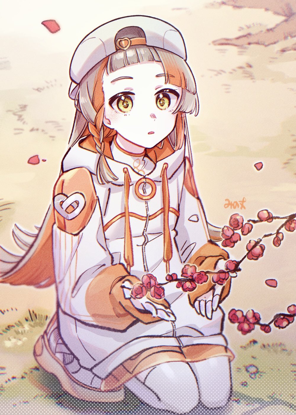 1girl braid cherry_blossoms chis-a colored_inner_hair full_body grass grey_hair hat highres jacket kneeling long_sleeves looking_at_viewer mi_no_take mob_cap multicolored_hair official_alternate_costume orange_hair outdoors shoes sneakers solo tree two-tone_hair voisona white_background white_jacket white_sneakers