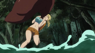 1girl animated animated_gif blonde_hair breasts fairy_tail leech lowres lucy_heartfilia monster subtitled