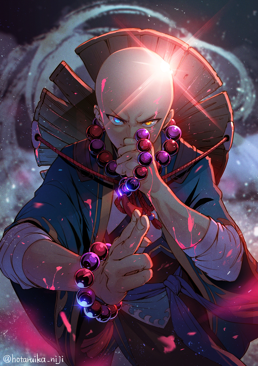 1boy bald bead_bracelet beads blue_eyes bracelet commentary_request fighting_stance glint hands_up hat heterochromia highres hotaruika_niji jewelry megido72 pants priest robe saleos_(megido72) solo straw_hat yellow_eyes