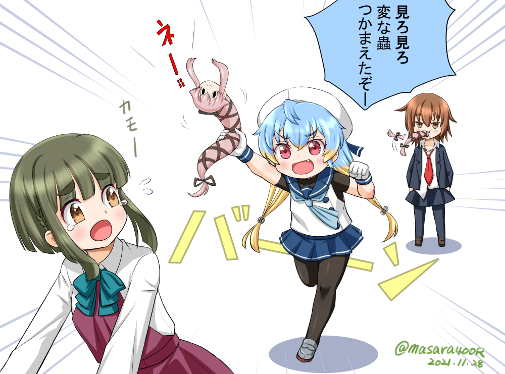 black_jacket black_legwear black_skirt blazer blonde_hair blue_hair blue_neckwear blue_sailor_collar blue_skirt bob_cut bow bowtie brown_eyes brown_hair commentary_request dress gloves gradient_hair green_hair halterneck hat jacket kantai_collection long_hair long_sleeves masara_(chuujou) multicolored_hair neckerchief necktie one-hour_drawing_challenge pantyhose pleated_skirt red_eyes red_necktie sado_(kancolle) sailor_collar sailor_hat school_swimsuit school_uniform serafuku shirt short_hair short_hair_with_long_locks sidelocks simple_background skirt sleeveless sleeveless_dress sleeveless_shirt snake swimsuit takanami_(kancolle) tsurime undershirt wakaba_(kancolle) white_background white_gloves white_headwear white_shirt yura_(kancolle) yura_(snake)