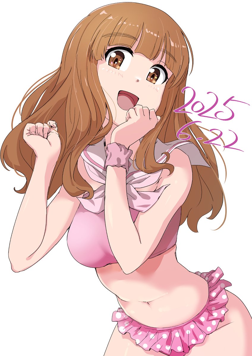 1girl bikini blunt_bangs breasts brown_eyes brown_hair buchikaki cowboy_shot dated girls_und_panzer highres large_breasts long_hair looking_at_viewer neckerchief pink_bikini pink_neckerchief pink_scrunchie polka_dot polka_dot_bikini sailor_bikini sailor_collar scrunchie simple_background smile solo swimsuit takebe_saori white_background white_sailor_collar wrist_scrunchie