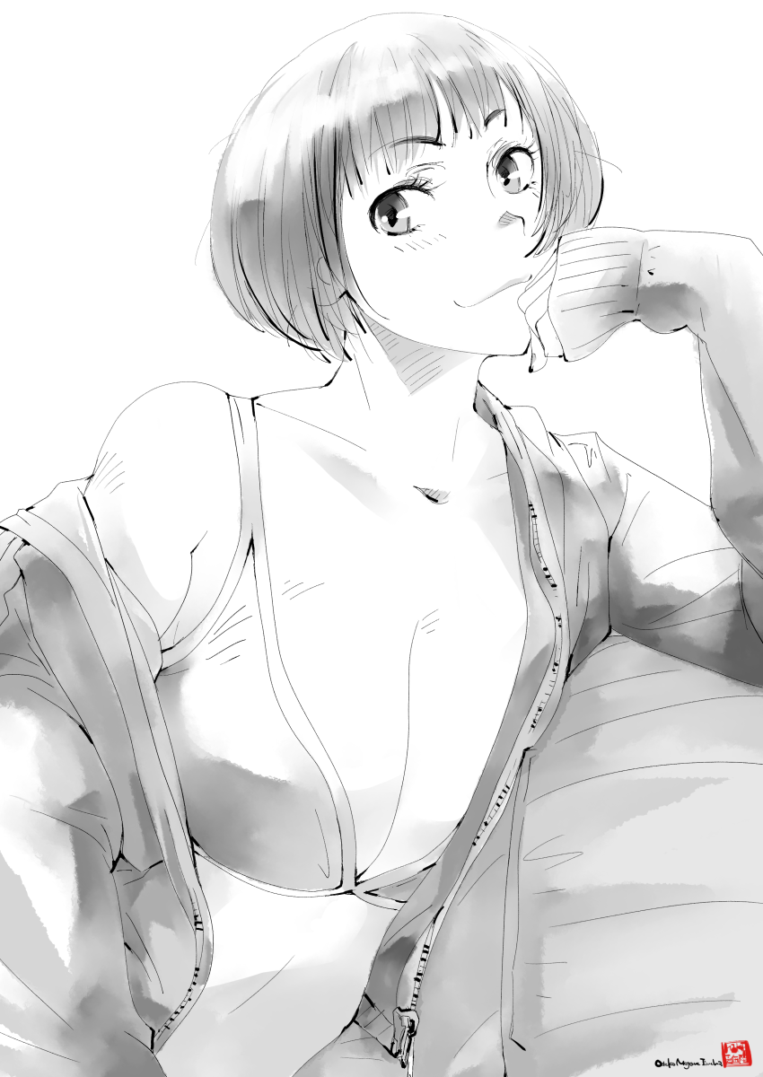 1girl alternate_breast_size alternate_hairstyle amagami bra breasts cleavage closed_mouth collarbone elbow_rest greyscale highres jacket large_breasts long_sleeves looking_at_viewer mike156 monochrome open_clothes open_jacket short_hair signature single_off_shoulder solo tachibana_miya underwear upper_body