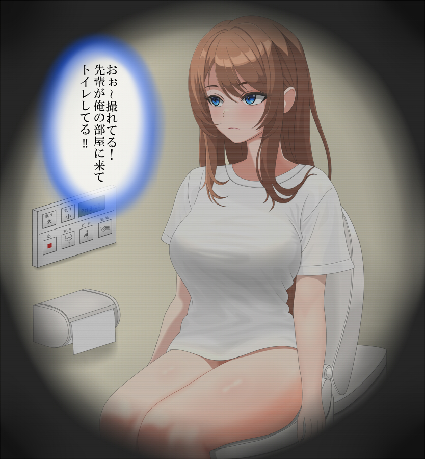 blue_eyes bottomless breasts female_focus large_breasts looking_ahead looking_forward no_panties on_toilet orange_hair poopee recording shirt sitting toilet_paper toilet_use translated voyeur_pov voyeurism white_shirt