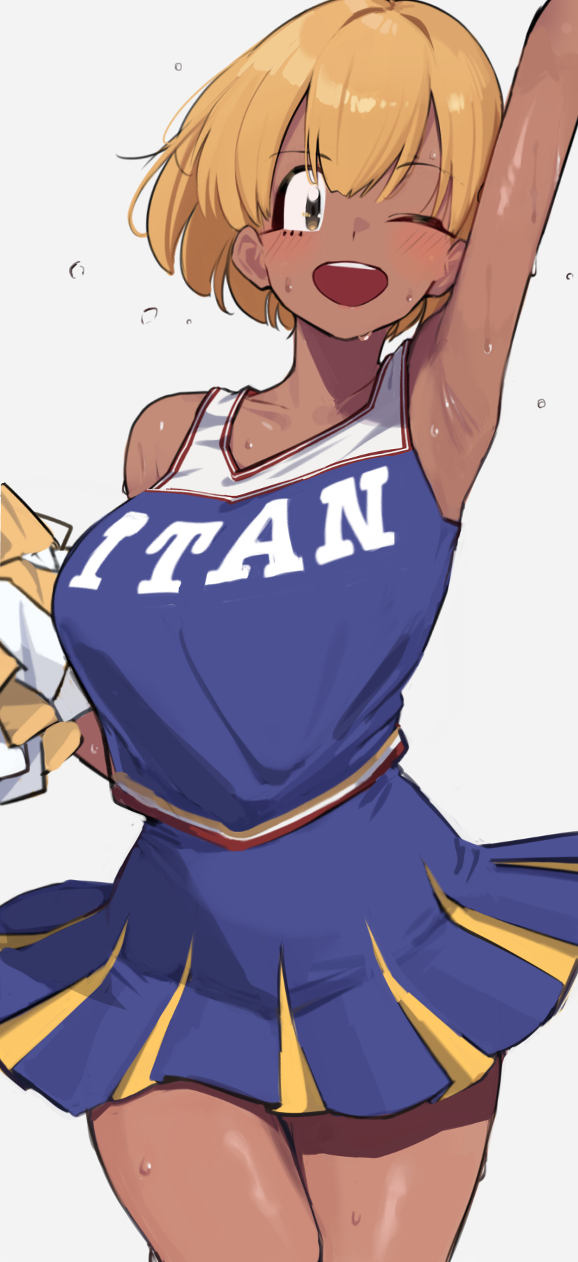 1girl ;d arm_up armpits ayatak0517 blonde_hair blue_shirt blue_skirt brown_eyes cheerleader clothes_writing cowboy_shot dark-skinned_female dark_skin gyaru highres komi-san_wa_komyushou_desu manbagi_rumiko one_eye_closed open_mouth pom_pom_(cheerleading) shirt short_hair simple_background skirt smile solo sweat white_background