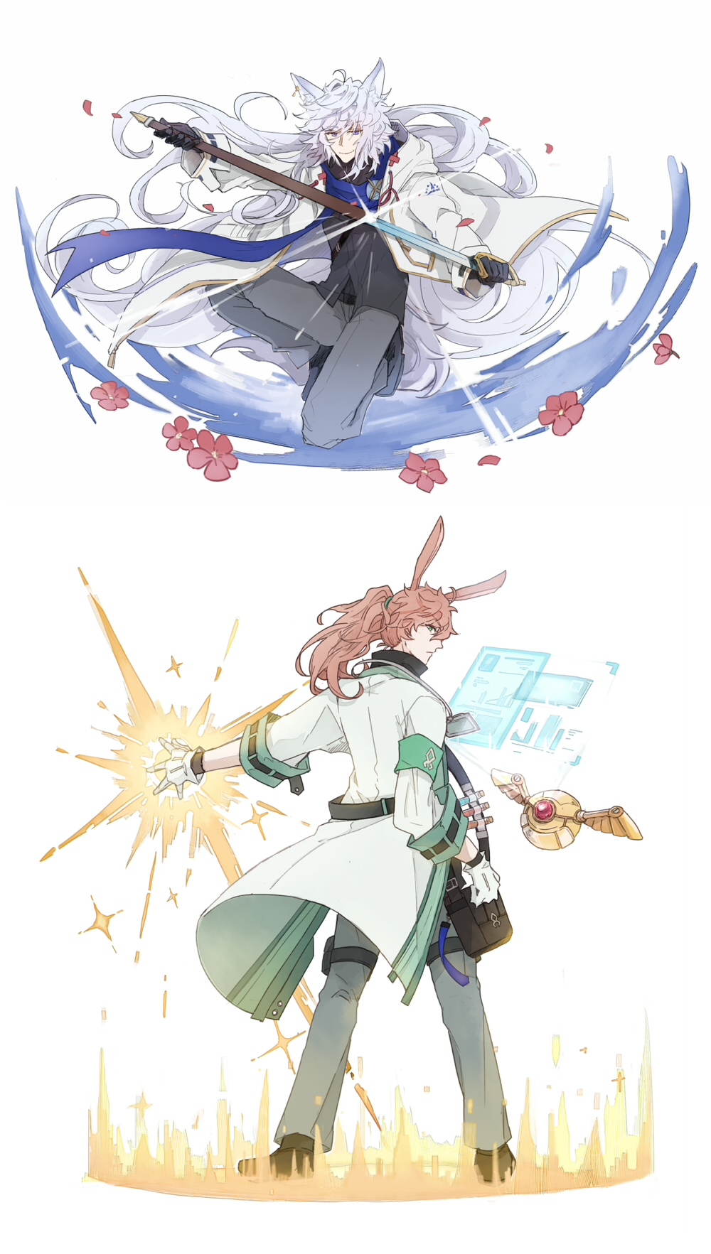 2boys alternate_costume animal_ear_fluff animal_ear_piercing animal_ears arknights armband aura bag belt black_bag black_belt black_footwear black_gloves black_shirt blue_scarf coat commentary_request crossover earrings fate/grand_order fate_(series) floating_hair flower fox_boy fox_ears from_behind full_body gloves green_armband green_eyes grey_pants hair_between_eyes highres holding holding_sheath holding_sword holding_weapon holographic_interface hood hood_down hooded_coat id_card jewelry lanyard long_hair long_sleeves looking_at_viewer looking_back male_focus merlin_(fate) multiple_boys on_one_knee orange_hair outstretched_arm pants ponytail pouch purple_eyes rabbit_boy rabbit_ears red_flower romani_archaman ruoyin scarf serious sheath shirt shoes shoulder_bag simple_background single_earring smile sword thigh_pouch unsheathing very_long_hair weapon white_background white_coat white_gloves white_hair