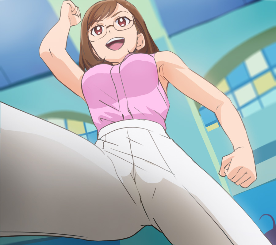 1girl armpits breasts brown_hair cameltoe from_below glasses haruyama_kazunori medium_breasts open_mouth pants pink_shirt precure red_eyes sakuragawa_saki shirt sleeveless sleeveless_shirt smile solo teeth tropical-rouge!_precure upper_teeth_only white_legwear