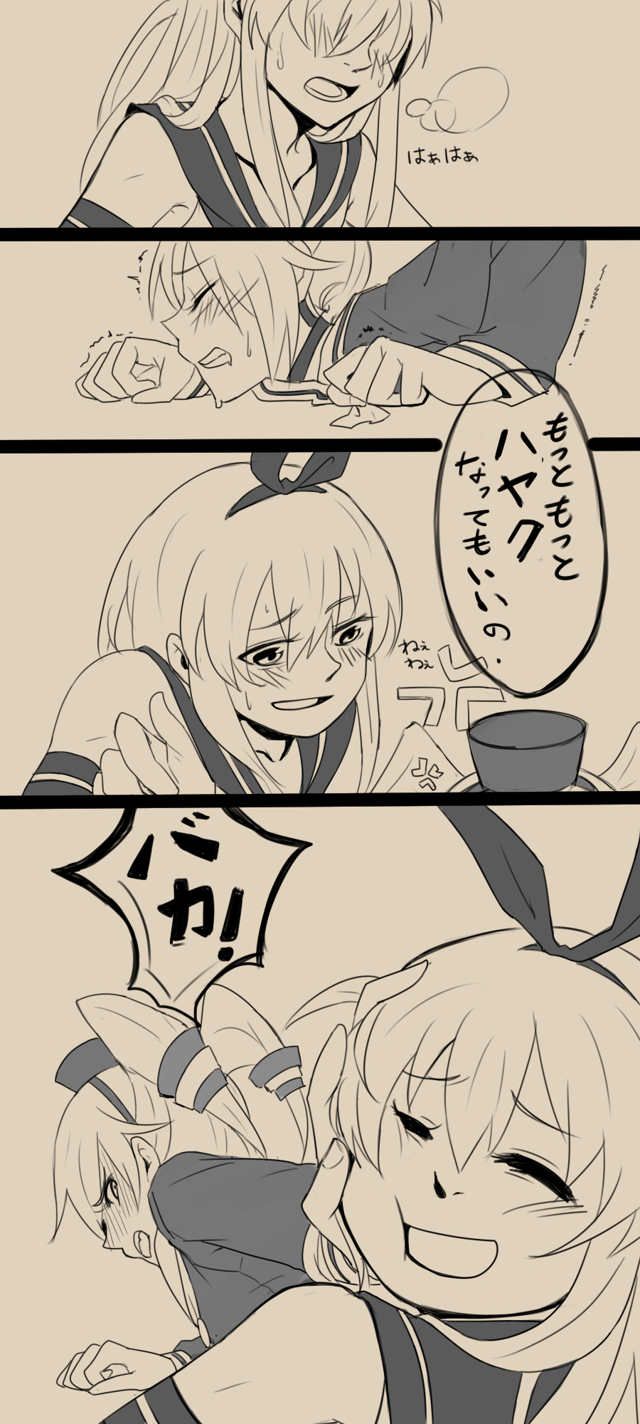 10s 2girls amatsukaze_(kancolle) anger_vein comic hairband highres implied_sex kantai_collection knightym22 long_hair monochrome multiple_girls school_uniform serafuku shimakaze_(kancolle) twintails two_side_up yuri