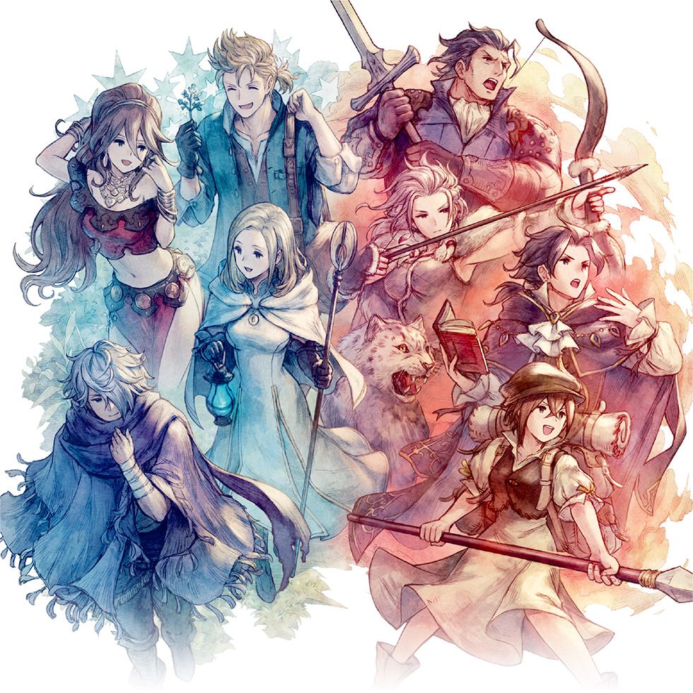 4boys 4girls alfyn_(octopath_traveler) animal ascot bandaged_arm bandages blonde_hair blue_hair book bow_(weapon) breasts brooch brown_hair cape closed_eyes closed_mouth crop_top cyrus_(octopath_traveler) dancer dark_blue_hair drawing_bow dress everyone fur-trimmed_cape fur_trim h&#039;aanit_(octopath_traveler) holding holding_book holding_bow_(weapon) holding_lamp holding_staff holding_sword holding_weapon jewelry leopard linde_(octopath_traveler) long_hair long_sleeves medium_breasts multiple_boys multiple_girls octopath_traveler octopath_traveler_i off-shoulder_shirt off_shoulder official_art olberic_eisenberg open_mouth ophilia_(octopath_traveler) poncho ponytail primrose_azelhart ribbon satou_kivi scarf shirt short_hair short_sleeves smile snow_leopard staff sword therion_(octopath_traveler) tressa_(octopath_traveler) weapon white_ascot white_dress white_hair wrist_ribbon