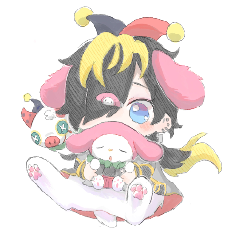 1boy :o aimono_jyushi animal animal_ears animal_legs black_hair blonde_hair blue_eyes chibi closed_eyes commentary_request covered_mouth earrings extra_ears full_body fusion hair_ornament hair_over_one_eye hairpin holding holding_animal hypnosis_mic jacket jewelry long_hair low_ponytail multicolored_hair multiple_earrings my_melody open_mouth pawpads ponytail rabbit_ears rabbit_tail raised_eyebrows ring sanrio simple_background streaked_hair stuffed_animal stuffed_pig stuffed_toy suke8364 tail two-tone_hair u_u white_background
