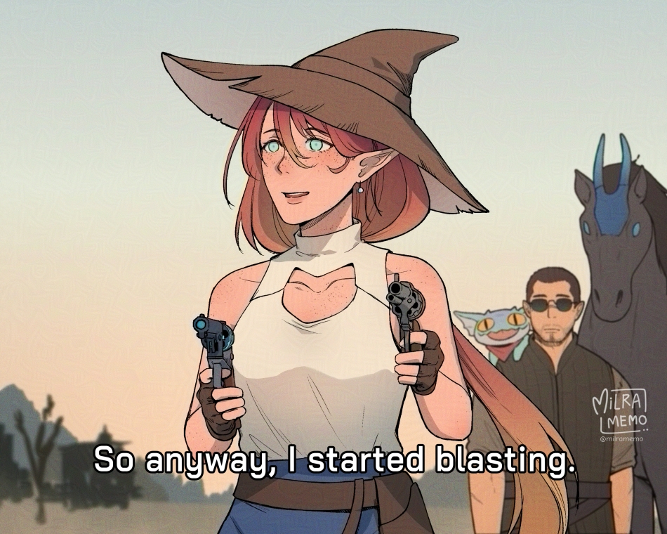 1boy 1girl animal animal_on_shoulder bare_shoulders black_jacket blue_skirt blue_sky brown_hair brown_hat cleavage_cutout clothing_cutout collarbone commentary day dual_wielding earrings english_commentary english_text gecko grey_shirt gun handgun hat holding holding_gun holding_weapon horse i_started_blasting_(meme) jacket jewelry long_hair meme milramemo nelyne_(milramemo) original outdoors pointy_ears revolver shirt short_sleeves signature skirt sky sleeveless sleeveless_jacket sleeveless_shirt sunglasses twitter_username very_long_hair weapon white_shirt witch_hat