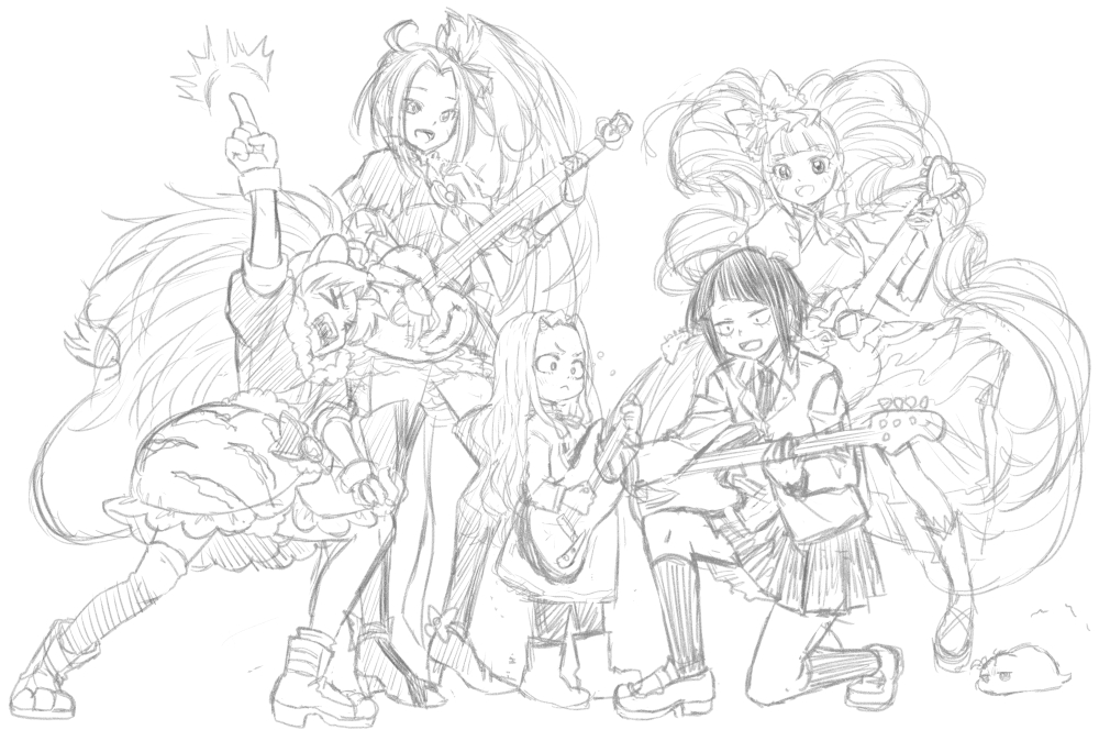 5girls aisaki_emiru animal_ears asymmetrical_legwear blunt_bangs boku_no_hero_academia boots bow brooch choker commentary crossover cure_beat cure_gelato cure_macherie dress english_commentary eri_(boku_no_hero_academia) eyelashes frills gloves greyscale guitar hair_bow hair_ornament happy holding holding_guitar holding_instrument hugtto!_precure instrument jacket jewelry jiro_kyoka jj_(ssspulse) kirakira_precure_a_la_mode kurokawa_eren long_hair magical_girl monochrome multiple_girls ponytail precure puffy_sleeves short_hair side_ponytail simple_background sketch skirt smile suite_precure tail tategami_aoi thigh_boots thighhighs thighs trait_connection twintails very_long_hair white_background