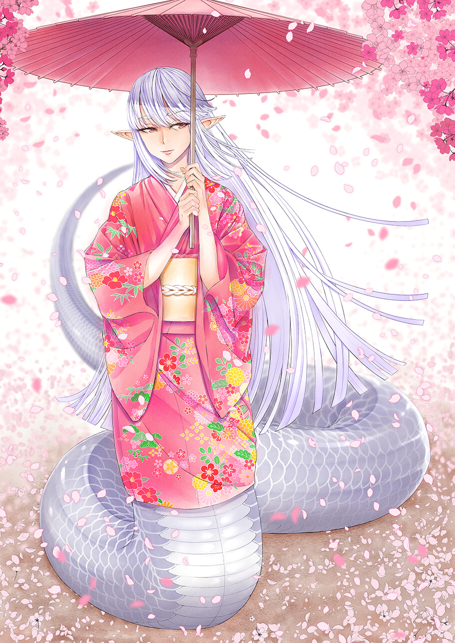 1girl borrowed_character cherry_blossoms commentary commentary_request commission english_commentary falling_petals floral_print full_body highres holding holding_umbrella japanese_clothes kimono lamia mixed-language_commentary monster_girl obi oil-paper_umbrella original petals pink_kimono pointy_ears red_eyes sash skeb_commission solo umbrella white_hair yuichi_(sp_sakura_yoshi)