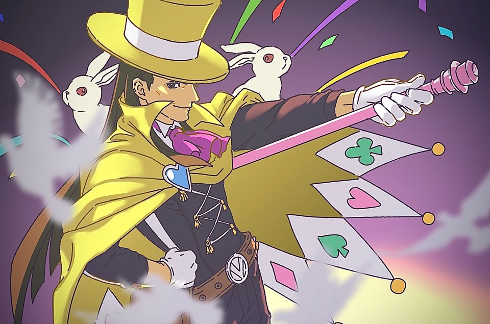 1boy ace_attorney apollo_justice:_ace_attorney ascot bow bowtie brown_hair cape closed_mouth collared_shirt confetti gloves hand_on_own_hip hat holding jacket lcageki long_hair long_sleeves looking_at_viewer magician male_focus outstretched_arm pink_ascot shirt smile solo top_hat white_gloves white_rabbit_(animal) yellow_cape yellow_hat zak_gramarye