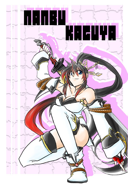 1girl banpresto black_hair blue_eyes breasts cleavage detached_sleeves dress female_focus fingerless_gloves gloves hair_ornament koshika large_breasts multicolored_hair nanbu_kaguya ponytail red_hair solo squatting strapless strapless_dress super_robot_wars super_robot_wars_og_saga_mugen_no_frontier sword thighhighs two-tone_hair weapon