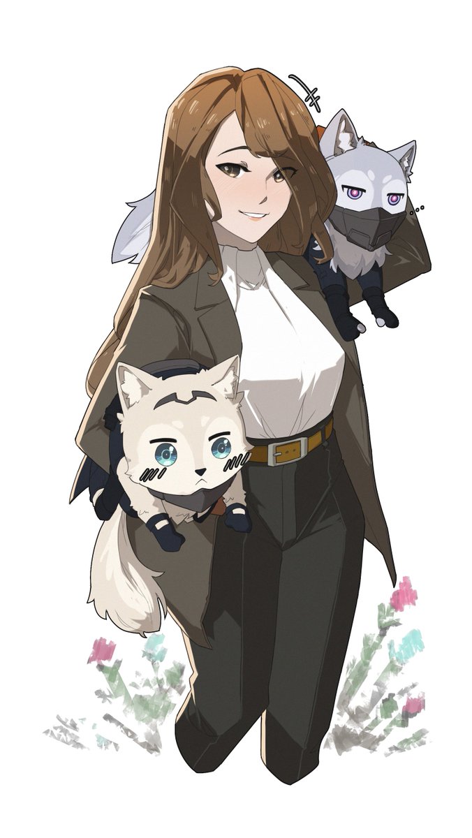 1girl 2others ak-15_(girls&#039;_frontline) an-94_(girls&#039;_frontline) animalization belt brown_hair carrying carrying_over_shoulder carrying_under_arm girls&#039;_frontline highres jacket long_hair mask multiple_others romy_riefenstahl smile variasii wolf
