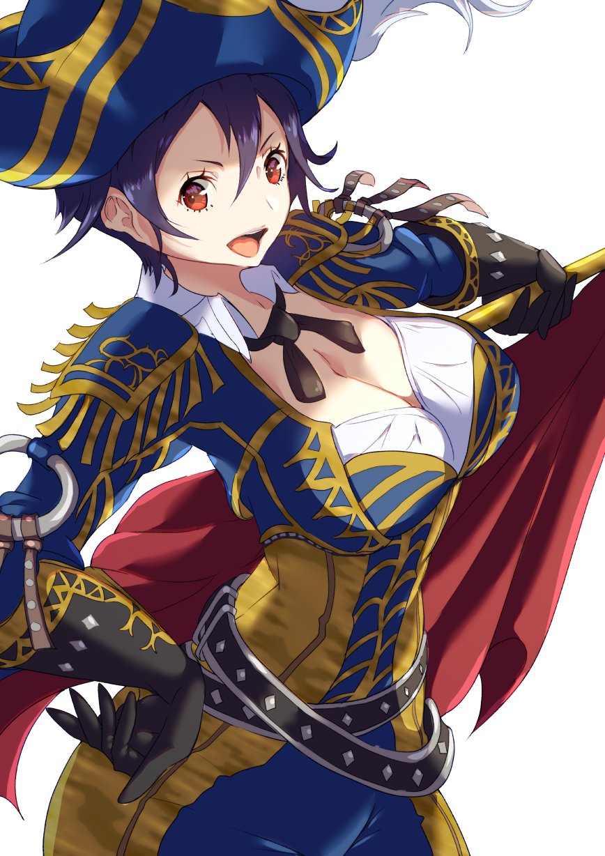 1girl black_hair breasts brown_eyes cleavage flag highres holding holding_flag large_breasts matador megido72 open_mouth sakusakusakurai short_hair solo white_background zagan_(megido72)
