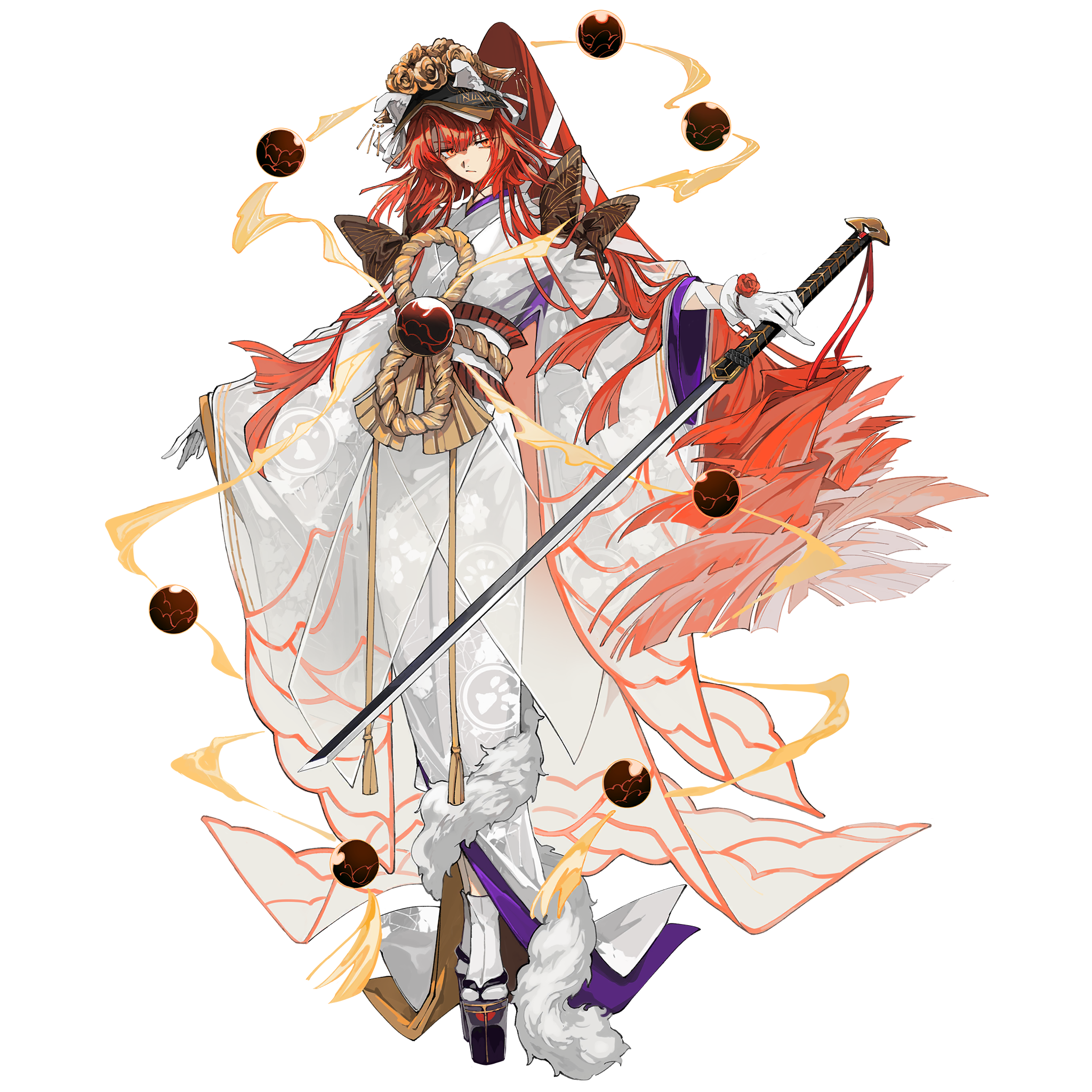 1girl bow endo_(takolegs) fate/grand_order fate_(series) flower full_body furisode_sleeves game_cg gloves hair_ornament highres holding holding_sword holding_weapon japanese_clothes katana kimono kyokutei_bakin_(fate) kyokutei_bakin_(third_ascension)_(fate) long_hair long_sleeves looking_at_viewer multicolored_hair obi official_art okobo orange_eyes orange_hair orb platform_clogs platform_sandals ponytail red_hair rope rope_belt rose sandals sash socks solo standing sword tabi tachi-e third-party_source transparent_background very_long_hair weapon white_gloves white_kimono white_socks wide_sleeves