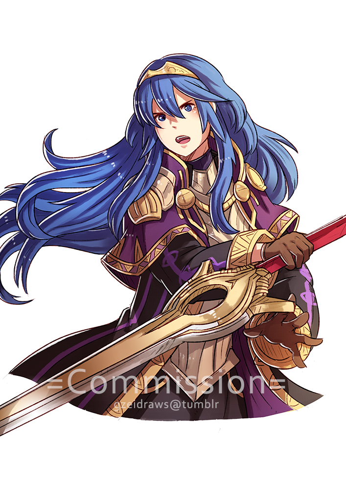 1girl blue_eyes blue_hair cloak female_focus fire_emblem fire_emblem_awakening gloves gzei holding holding_sword holding_weapon long_hair lucina_(fire_emblem) male_robin_(fire_emblem) male_robin_(fire_emblem)_(cosplay) nintendo simple_background solo sword watermark weapon white_background