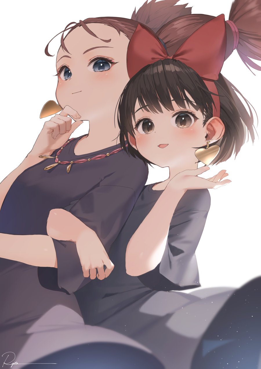 2girls black_dress black_hair blue_eyes blush bow brown_eyes brown_hair dress earrings hairband hand_up highres jewelry kiki_(majo_no_takkyuubin) long_hair looking_at_viewer majo_no_takkyuubin medium_hair multiple_girls necklace open_mouth red_bow red_hairband ryota_(ry_o_ta) senior_witch_(majo_no_takkyuubin) short_sleeves simple_background smile white_background