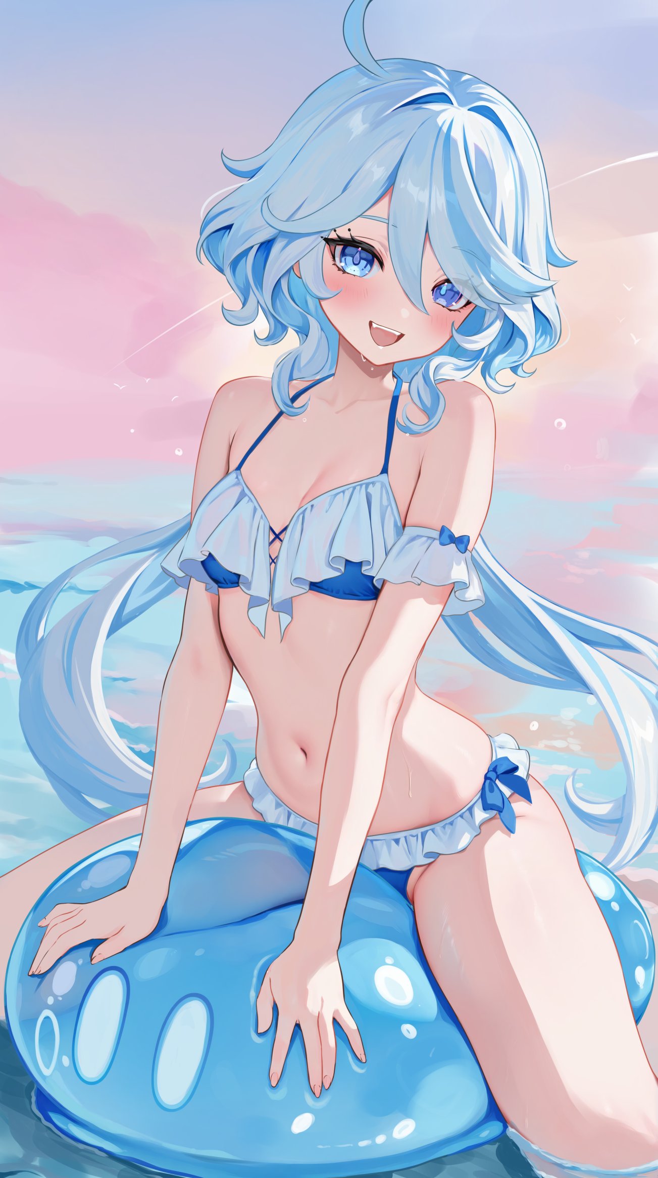 1girl alternate_costume bikini blue_bikini blue_eyes blue_hair blush breasts cowlick drop-shaped_pupils eyelash_ornament frilled_bikini frills furina_(genshin_impact) genshin_impact hair_between_eyes halterneck heterochromia highres long_hair looking_at_viewer mismatched_pupils navel open_mouth rrr_gns_(riuriu_1212) sitting slime_(genshin_impact) small_breasts solo stomach swimsuit symbol-shaped_pupils wavy_hair wet