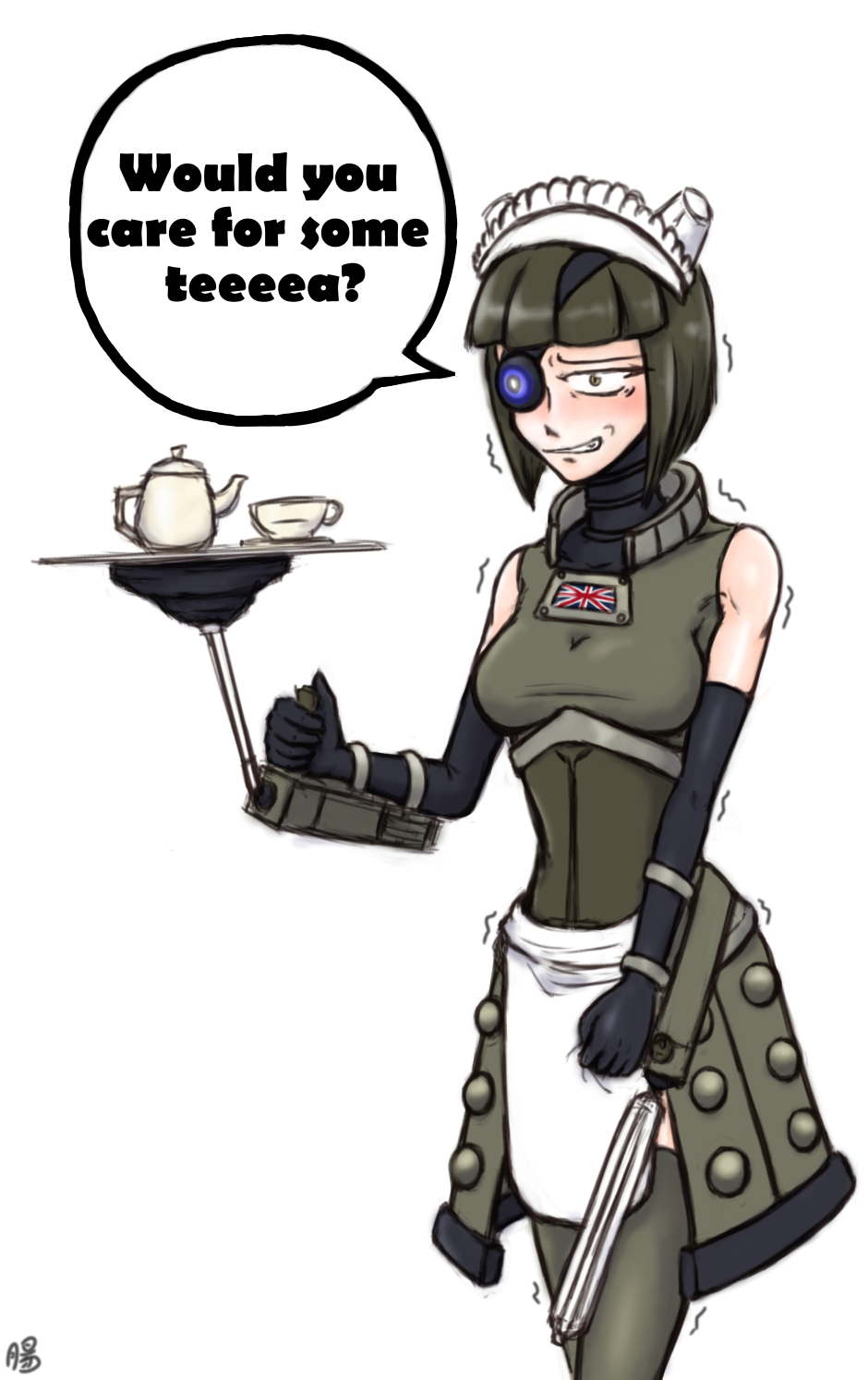 1girl broken_torpedo dalek doctor_who eyepatch green_hair highres maid personification short_hair simple_background teeth thighhighs