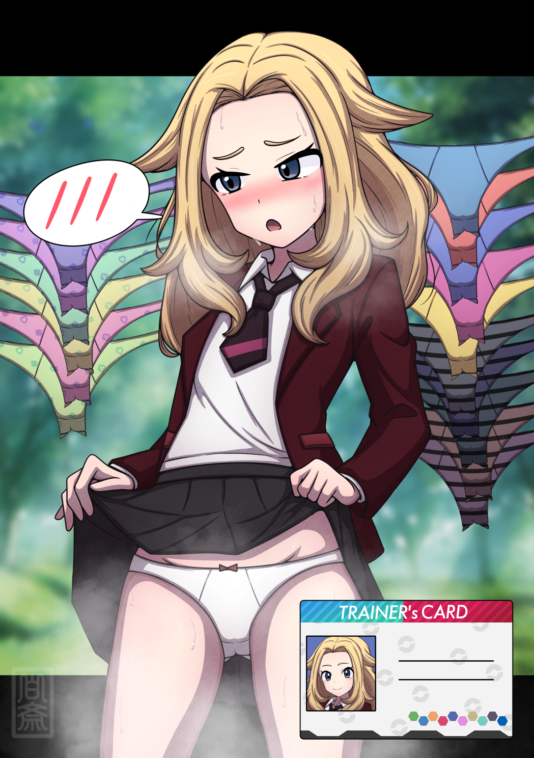 1girl :o blonde_hair blurry blurry_background blush breath card clothes_lift collared_shirt commentary_request commission cowboy_shot eyelashes hakusai_(user_nkkd7242) highres jacket lass_(pokemon) lifting_own_clothes long_hair long_sleeves necktie nintendo panties pleated_skirt pokemon pokemon_swsh raised_eyebrows red_jacket school_uniform shirt short_necktie sidelocks skeb_commission skirt skirt_lift solo spoken_blush steaming_body sweat underwear unworn_panties white_shirt