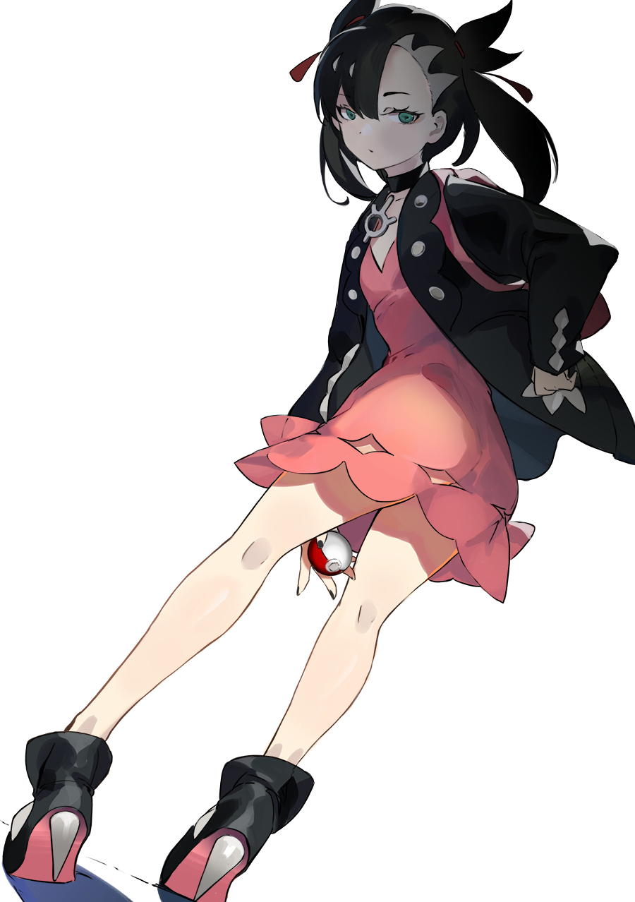 1girl ass asymmetrical_bangs backpack bag bare_legs black_choker black_hair black_jacket black_nails boots choker contrapposto creatures_(company) dress flat_chest from_behind full_body game_freak green_eyes hair_ribbon high_heels highres holding holding_poke_ball jacket looking_at_viewer looking_back marnie_(pokemon) nintendo open_clothes open_jacket pink_dress poke_ball poke_ball_(basic) pokemon pokemon_swsh ribbon saberiii short_dress simple_background solo standing thighs twintails twisted_torso undercut white_background