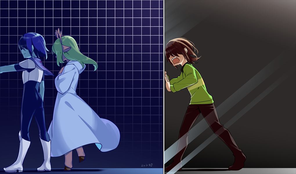 1girl 2others antlers armor black_pants blonde_hair blue_background blue_hair bodysuit boots brown_hair deltarune dress green_shirt grey_background grid_background horns hp_nokoketaetouyona kris_(dark_world)_(deltarune) kris_(deltarune) long_hair multiple_others noelle_holiday noelle_holiday_(dark_world) pants reindeer_antlers reindeer_girl shirt spoilers striped_clothes striped_shirt white_dress
