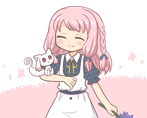 1girl :3 ^_^ bad_id bad_twitter_id blue_flower blush braid closed_eyes closed_mouth collared_dress creature_on_arm dot_nose dress facing_viewer flower hair_ribbon holding holding_flower long_hair magia_record:_mahou_shoujo_madoka_magica_gaiden mahou_shoujo_madoka_magica neck_ribbon official_alternate_costume pink_background pink_hair puffy_short_sleeves puffy_sleeves reverse_(bluefencer) ribbon short_sleeves simple_background small_kyubey smile solo standing tamaki_ui white_background yellow_ribbon
