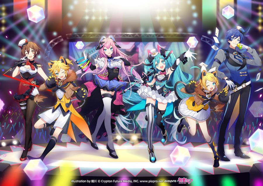 2boys 4girls ;d animal_ears aqua_eyes aqua_hair artist_name asymmetrical_footwear asymmetrical_legwear ball black_pants black_shoes black_socks black_thighhighs blonde_hair blue_eyes blue_hair blue_vest blurry bow breasts brown_eyes brown_hair card cleavage coattails commentary_request copyright_notice cube depth_of_field dress fake_animal_ears fake_tail full_body gloves hair_bow hat hatsune_miku holding holding_ball holding_wand kagamine_len kagamine_rin kaito_(vocaloid) leg_up logo long_hair magical_mirai_(vocaloid) magical_mirai_kaito magical_mirai_kaito_(2019) magical_mirai_len magical_mirai_len_(2019) magical_mirai_luka magical_mirai_luka_(2019) magical_mirai_meiko magical_mirai_meiko_(2019) magical_mirai_miku magical_mirai_miku_(2019) magical_mirai_rin magical_mirai_rin_(2019) megurine_luka meiko_(vocaloid) microphone_wand mini_hat mismatched_footwear mismatched_legwear multiple_boys multiple_girls official_art one_eye_closed open_mouth pants pink_hair playing_card pleated_skirt second-party_source shoes short_hair shorts skirt smile socks sogawa standing striped_clothes striped_thighhighs tail thighhighs top_hat twintails vest vocaloid wand white_bow white_gloves white_hat white_shoes white_shorts white_skirt
