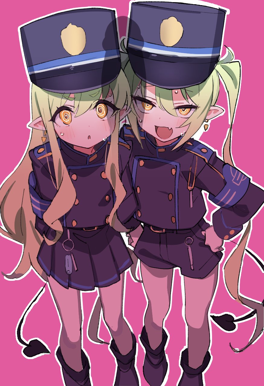 2girls :o @_@ armband arms_behind_back black_boots black_hat black_jacket black_shorts black_skirt blue_archive blue_armband boots buttons double-breasted earrings fang green_hair hat hibimegane highres hikari_(blue_archive) jacket jewelry long_hair long_sleeves multiple_girls nozomi_(blue_archive) open_mouth pantyhose peaked_cap penis_awe penis_shadow pink_background pointy_ears shorts siblings simple_background sisters skin_fang skirt smile standing very_long_hair white_pantyhose yellow_eyes